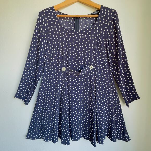 Vintage Betsey Johnson Mini Dress. Navy White Polka Dot Long Sleeve A Line Sz M - Picture 2 of 10